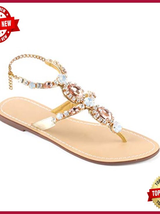 Flat Gladiator Sandals with Rhinestones and Pearls for Beach Wedding